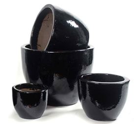 Geglazuurd aardewerk (Oxblood, Celadon, zwart, blauw en koperkleurig) - egg-pot-shiny-black-s4-d23-50h19-40